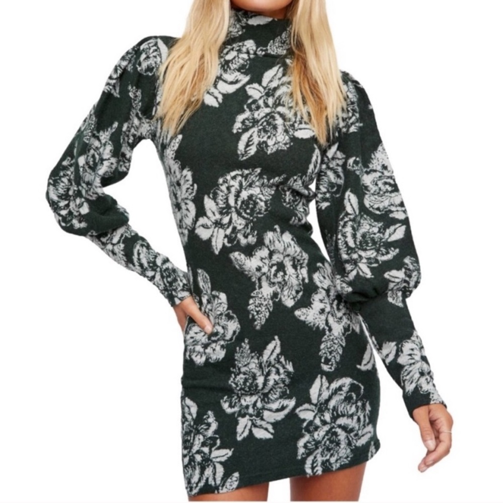 FP | NWT Farrah Green Moody Floral Long Sleeve Mock Neck Boho Chic Mini Dress